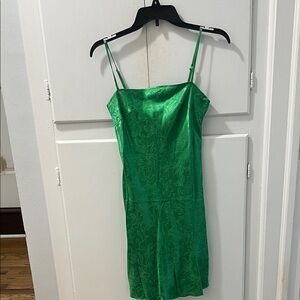 Green Satin Slip Dress with Floral Jacquard